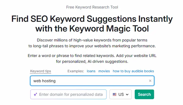 semrush keyword magic tool search bar with web hosting seed keyword entered 2026