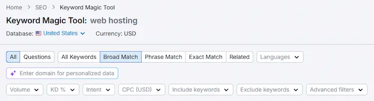 semrush keyword magic tool match type filters showing broad match phrase match exact match related tabs