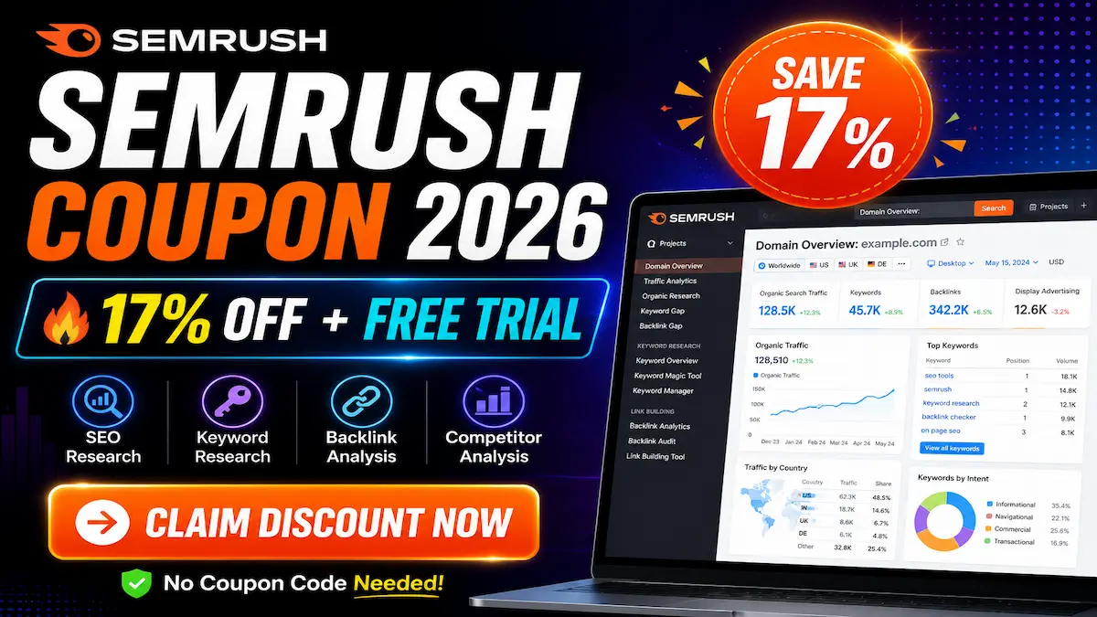 semrush coupon code 2026 — 17% off and 7-day free trial by tryamba