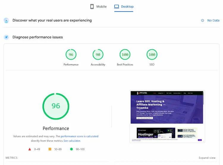 tryamba.com pagespeed insights desktop score showing 96 performance 90 accessibility 100 best practices 100 seo on namehero hosting 2026