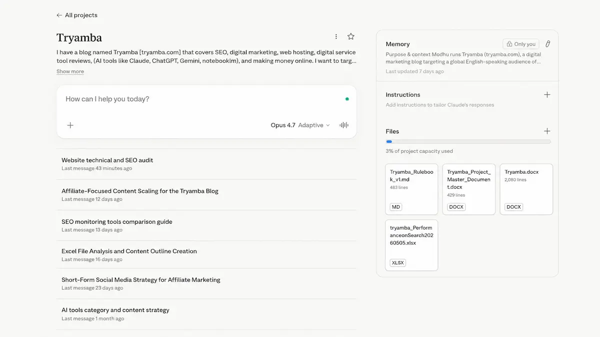 claude pro projects feature showing tryamba brand guidelines and persistent context settings