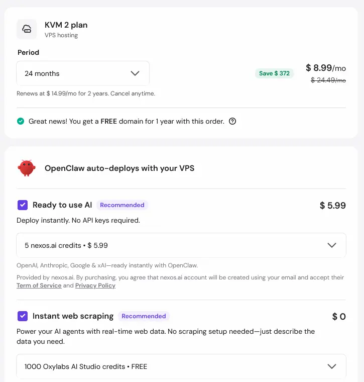 hostinger openclaw setup_Checkout page with OpenClaw template pre-selected